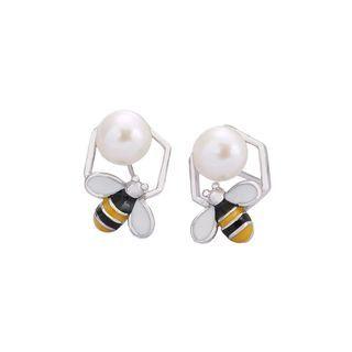 Sterling Silver Fashion Cute Bee Freshwater Pearl Stud Earrings Silver - One Size
