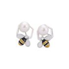Sterling Silver Fashion Cute Bee Freshwater Pearl Stud Earrings Silver - One Size