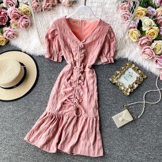 V-neck Ruched Puff-sleeve Mermaid Dress
