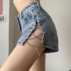 High Waist Side Split Denim Shorts With Chain