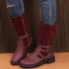 Buckle Faux Suede Panel Mid-calf Boots
