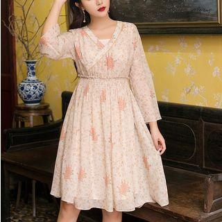 Set: Crew-neck Tank Dress + Floral Long-sleeve A-line Dress