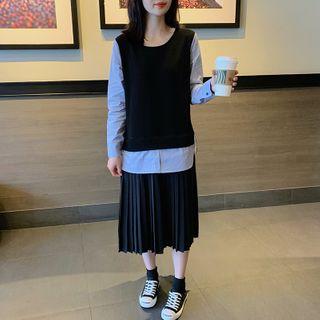 Long-sleeve Accordion Pleat Midi A-line Dress