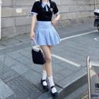 Short-sleeve Polo Shirt / Pleated Mini A-line Skirt