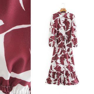 Tie-waist Printed Long-sleeve Maxi Shirtdress