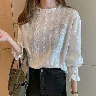 Bell-sleeve Ruffle Trim Plain Panel Lace Shirt