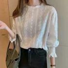 Bell-sleeve Ruffle Trim Plain Panel Lace Shirt