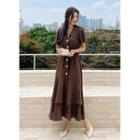 Bell-sleeve Sailor-collar Ruffled Long Dress With Sash Brown - One Size