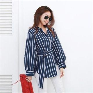 Asymmetric-hem Striped Shirt With Belt
