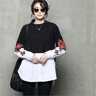 Flower-appliqu  Contrast-panel Blouse