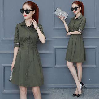 Single-breasted Gathered-waist Stand-collar Long-sleeved A-line Plain Dress