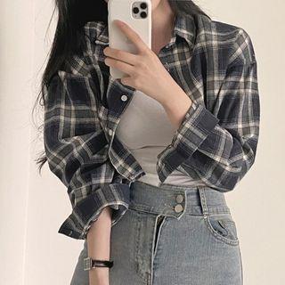 Long-sleeve Plaid Shirt Plaid - Dark Gray & White - One Size