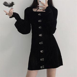 Long-sleeve Hook-and-eye Velvet Mini Dress