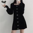 Long-sleeve Hook-and-eye Velvet Mini Dress