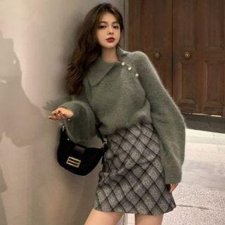 Asymmetrical Button-up Sweater / Plaid Mini A-line Skirt