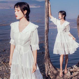 Eyelet Trim Short-sleeve Tiered A-line Dress