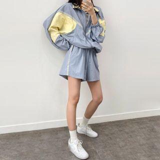 Set: Contrast-trim Jacket + Band-waist Shorts