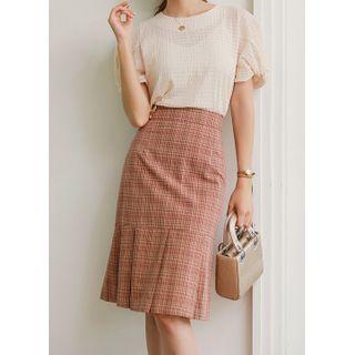 Pleated-hem Plaid Midi Skirt