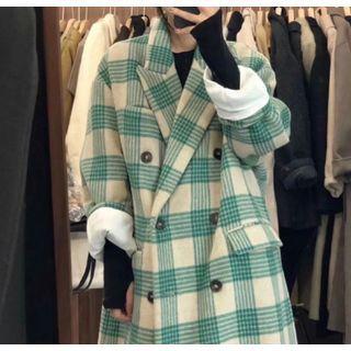 Double Breasted Plaid Long Coat Plaid - Green & White - One Size