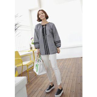 Balloon-sleeve Lace-trim Gingham Top