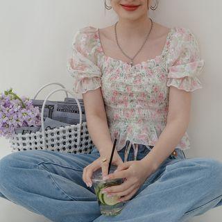 Scoop Neck Floral Smocked Blouse