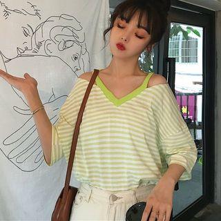 Cold Shoulder Striped Elbow-sleeve T-shirt
