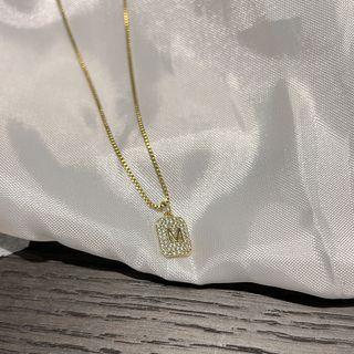 Tag Rhinestone Pendant Alloy Necklace Gold - One Size