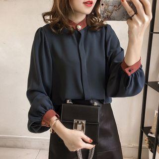 Long-sleeve Contrast-trim Loose Blouse