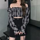 Long-sleeve Off-shoulder Plaid Crop Top / Mini Fitted Skirt