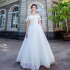 Off-shoulder Lace Trim Crystal Wedding Dress
