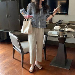 Short-sleeve Plaid Blouse / Straight-leg Pants