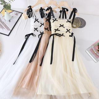 Color Block Bow Lace-up Strap Spaghetti-strap Dress