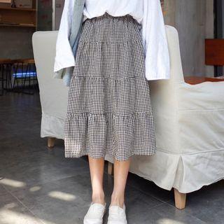 Plaid A-line Midi Skirt Plaid - Black & White - One Size