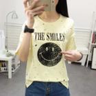 Smiley Face Print Beaded Short Sleeve T-shirt