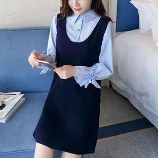 Set: Tie-cuff Pinstriped Shirt + Sleeveless Mini Dress