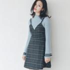 Mock Two Piece Bell Sleeve Panel Plaid Dress