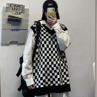 Checkered Sweater Vest Checked - Black & White - One Size