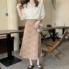 Short-sleeve Lace Trim Blouse / Floral Print Midi A-line Skirt