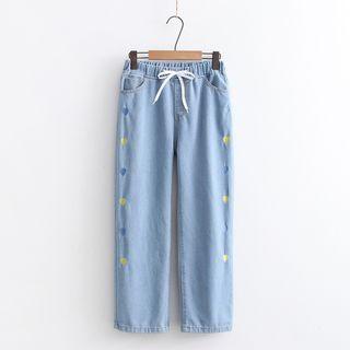Heart Embroidered Loose Fit Cropped Jeans