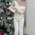 V-neck Choker Sweater / Slit Straight Leg Pants