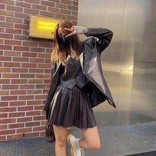 Faux-leather Pleated Miniskirt With Inset Shorts