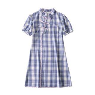 Mandarin Collar Short-sleeve Plaid Mini A-line Dress