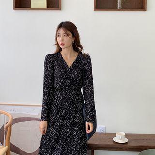 Polka-dot Long Wrap Dress Black - One Size