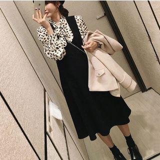 Set: Tie-neck Print Blouse + Sleeveless Midi A-line Dress