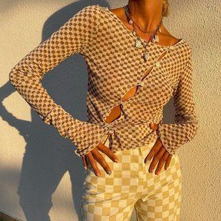 Long-sleeve Checkered Irregular Cutout Crop Top