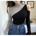 Long-sleeve Cold-shoulder Two-tone Knit Top