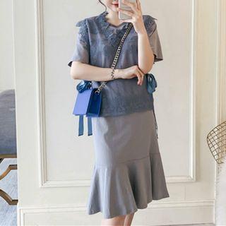Set: Lace Tank Top + Short-sleeve Ruffle Hem Shift Dress