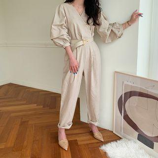 Wrap-front Belted Linen Jumpsuit Beige - One Size