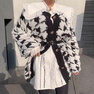 Balloon-sleeve Houndstooth Cardigan Black - One Size