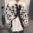 Balloon-sleeve Houndstooth Cardigan Black - One Size